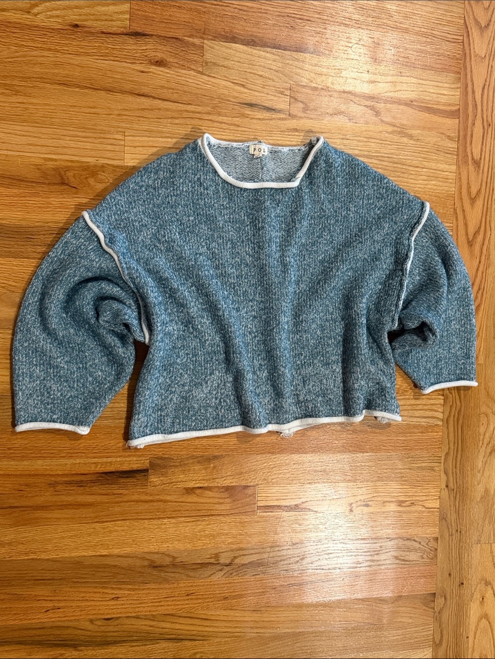 POL Teal Green cropped Crewneck Sweater with White Trim,